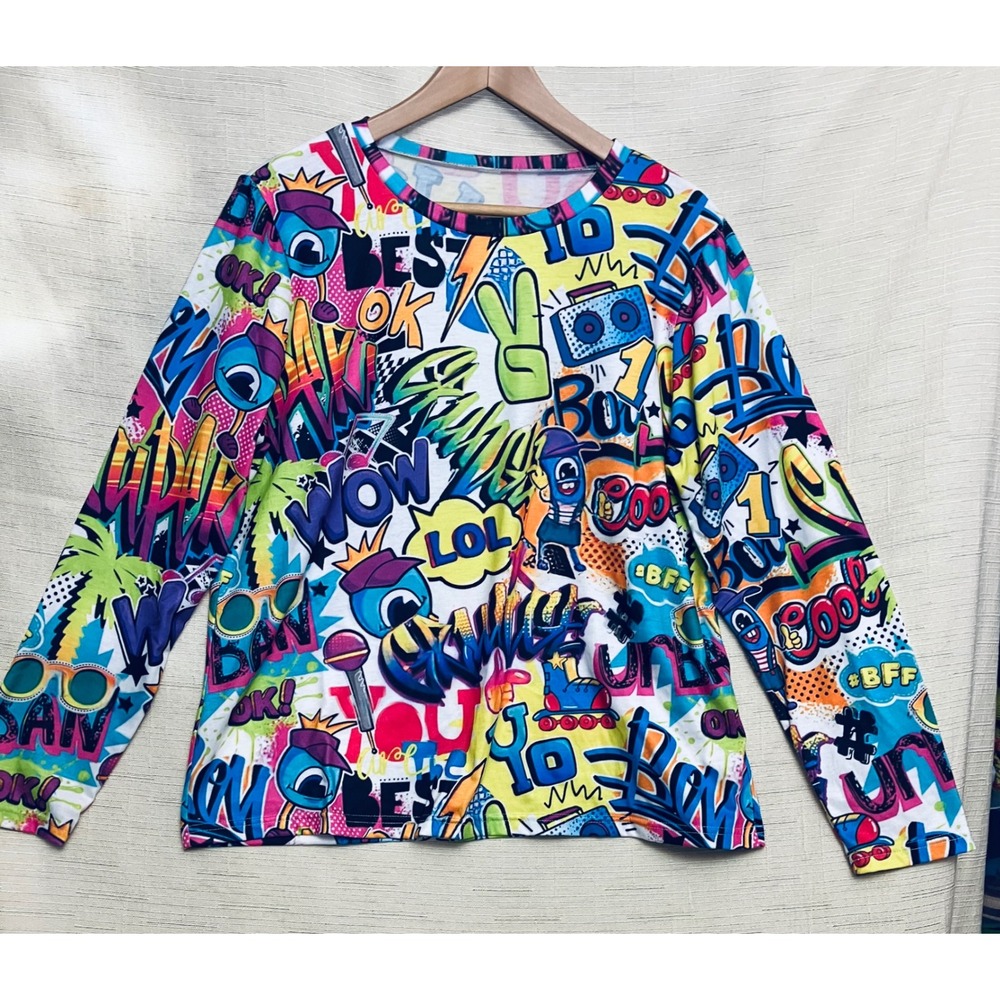 Unbranded Graffiti Pop Art Top Womens Large Multicolor Excellent Long Sleeve - Picture 1 of 8
